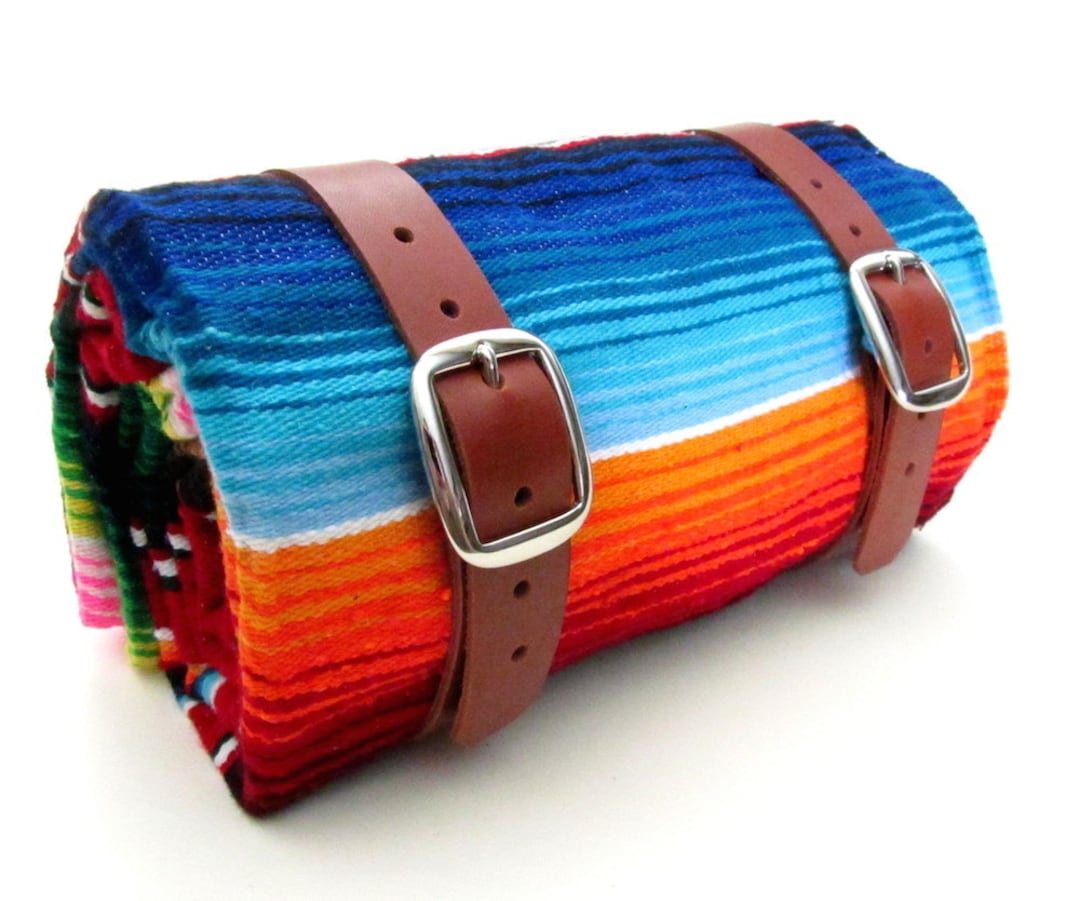 Leather Blanket Roll / Camping Gear / Hiking Gear / Serape Blanket / Colorful Striped Blanket