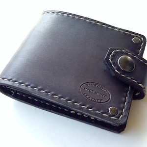 Biker Wallet / Mens Leather Wallet / Grey Bifold Wallet with Snap / Custom Leather / Engraved Wallet / Small Wallet / Pocket Wallet