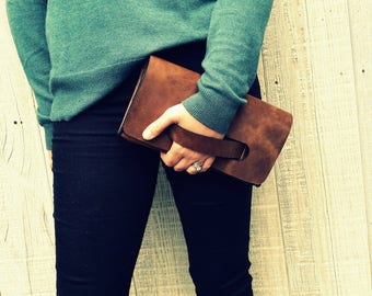 Leather Clutch / Clutch with Handle / Women's Leather Bag / Leather Handbag / Brown Black Leather Purse