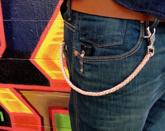 Hand Braided Leather Wallet Chain: Nickel Hardware, Boyfriend Gift