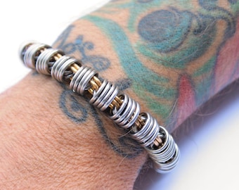 Thick Stainless Steel & Brass Mens Bracelet: Two Tone Coil Design