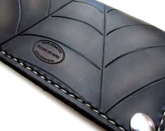 Mens Leather Wallet, Classic Biker Wallet with Black & Grey Spider Web, Personalized, Unique Men's Gift