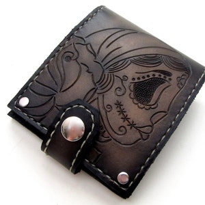 Men's Leather Wallet / Gypsy Sugar Skull Bifold / Day of the Dead / Dia de los Muertos / Personalized Custom Leather Menswear / Unique image 1