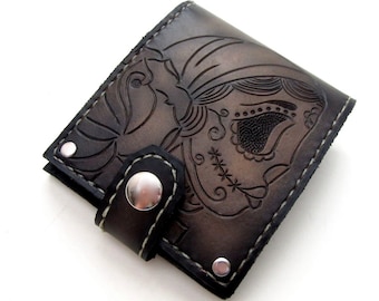 Men's Leather Wallet / Gypsy Sugar Skull Bifold / Day of the Dead / Dia de los Muertos / Personalized Custom Leather Menswear / Unique