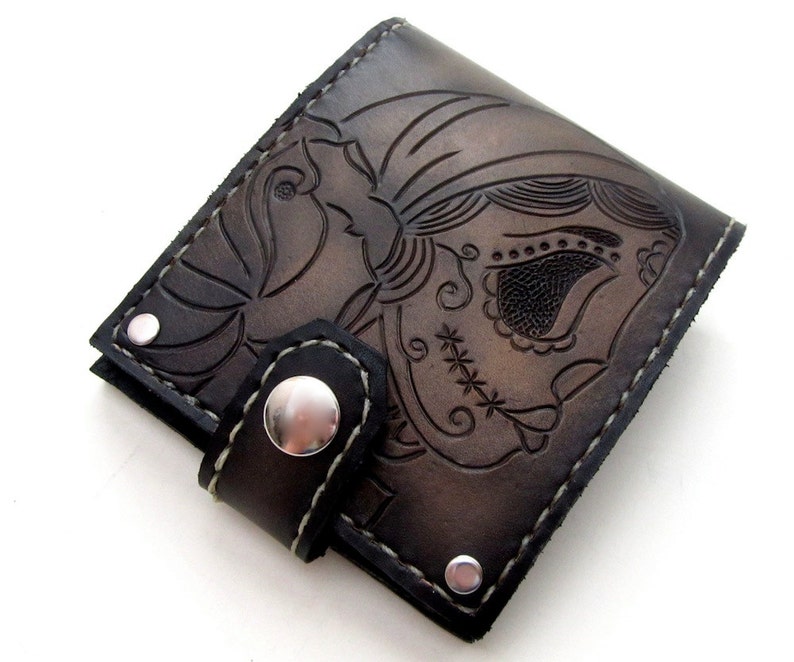 Men's Leather Wallet / Gypsy Sugar Skull Bifold / Day of the Dead / Dia de los Muertos / Personalized Custom Leather Menswear / Unique image 1