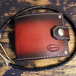 Sunburst Brown Leather Bifold Wallet: Snap Closure, Biker Chain Option