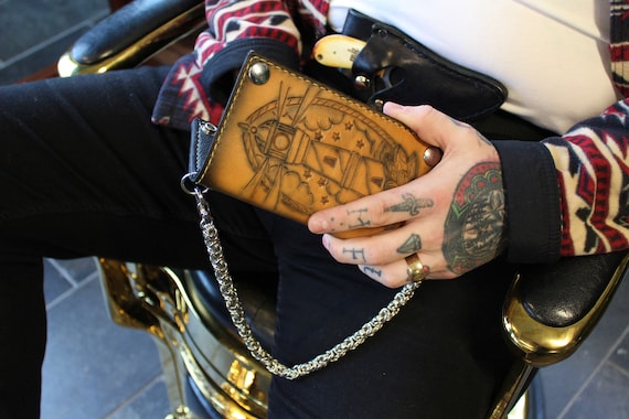 Hand tooled leather biker wallets hotsell