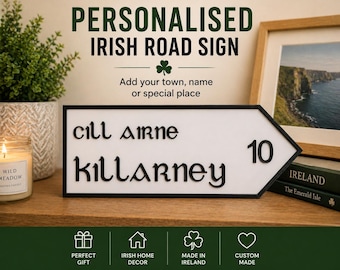 Personalisiertes irisches Straßenschild im alten Stil, benutzerdefiniertes Schwarz-Weiß-Gaeilge-Zeichen