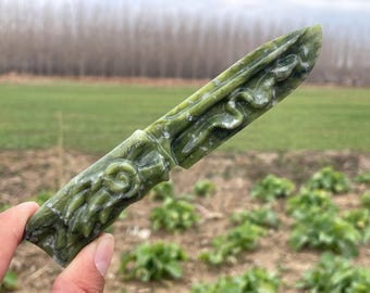 Hand Carved Green jade quartz Crystal Dagger:Snake knife Energy Healing Knife