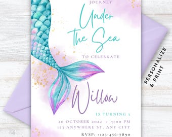 Mermaid Birthday Invitation • Pastel Mermaid Birthday Invite • Girls Watercolor Mermaid Tail Birthday Invitation • Printable Party Template