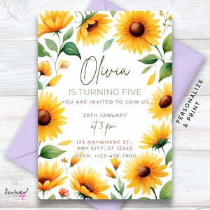 Sunflower Birthday Invitation • Sunflower Themed Birthday Party Invite • Floral Party Invite • Printable Template