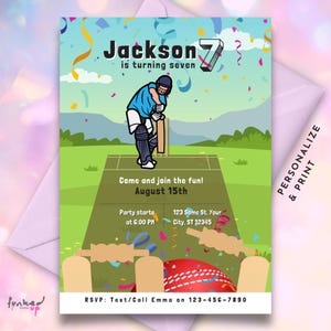 Pode incluir: Um convite de aniversário colorido para uma festa com tema de críquete. O convite apresenta uma ilustração de desenho animado de um menino jogando críquete, com o texto "Jackson está completando sete anos" e "Venha se divertir! 15 de agosto". O convite também inclui detalhes sobre o horário e o local da festa.