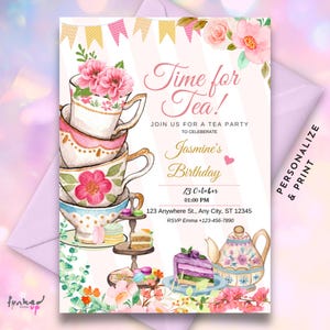 Faire-part d'anniversaire Tea Party • Faire-part d'anniversaire Tea Party • Tea Party de l'après-midi • Modèle imprimable