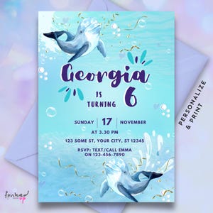 Faire-part d'anniversaire sur le thème des dauphins • Invitation de natation dauphins sous-marins modifiable • Modèle imprimable fête des dauphins bleus à télécharger