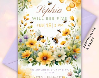 Bee Party Birthday Invitation • Bumblebee Themed Birthday Party Invite • Bee Hive and Flower Party Invite • Printable Template