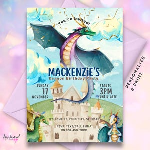 Invitación de cumpleaños de dragón • Plantilla imprimible editable para fiesta de cumpleaños con castillo mágico y dragón