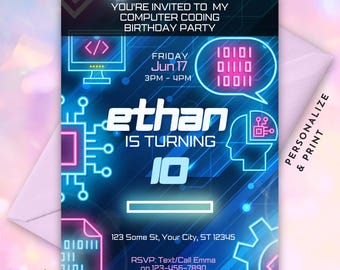 Computer Coding Birthday Invitation • Editable Tech Computer Birthday Party Invite Printable Template • Coding Invite Download