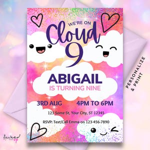 Cloud Nine Sparkle Rainbow Birthday Invitation • Editable Cloud 9 Year Rainbow Invite • Colorful Tie Dye Party Printable Template Download