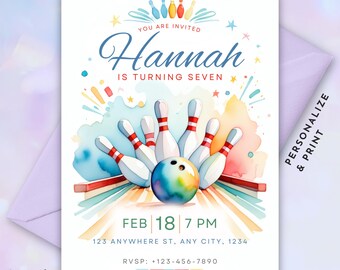 May include: A colorful birthday invitation with a watercolor illustration of bowling pins and a bowling ball. The text reads "You are invited Hannah is turning seven Feb 18 7 PM 123 Anywhere St, Any City, 1234 RVSP: +123-456-7890"