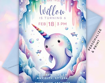 May include: A printable invitation for a 6th birthday party featuring a cartoon narwhal with a rainbow horn swimming in a blue and purple watercolor background. The text on the invitation reads "You are invited Willow is turning 6 Feb 18 3 PM 123 Anywhere St, Any City, ST 1234 RVSP: +123-456-7890".