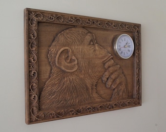 Hand-Carved Wooden Thinker Monkey Wall Clock- Unique Home Decor, Rustic Animal Wall Hanging, Handmade Gif