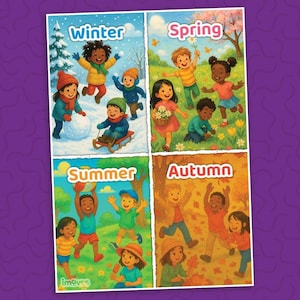 Póster imprimible de las Cuatro Estaciones: Arte educativo para espacios infantiles en tamaño A4/A3
