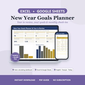 May include: A digital New Year Goals Planner for Excel and Google Sheets displayed on a laptop and smartphone screen. The interface shows progress metrics, bar charts, and goal tracking tables with text including Year in review, 2027 goals.