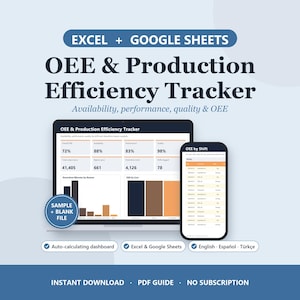 May include: A digital OEE and Production Efficiency Tracker for Excel and Google Sheets. The display shows a dashboard with performance metrics, bar charts, and a shift log. Includes a sample and blank file, auto-calculating features, and multi-language support for English, Spanish, and Turkish.