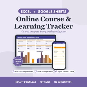 Könnte beinhalten: Ein digitaler Online-Kurs- und Lern-Tracker für Excel und Google Sheets. Die Benutzeroberfläche zeigt den Kursfortschritt, wöchentliche Lernstunden und Daten-Diagramme auf einem Laptop-Bildschirm und einem Smartphone an.