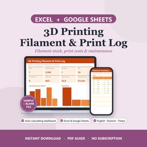 Filament Tracker Spreadsheet | Excel & Google Sheets | 3D Print Log, Spool Inventory (English, German, Turkish)