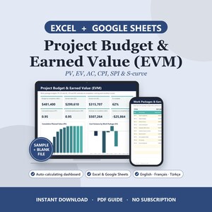 Hoja de cálculo de presupuesto del proyecto / Excel y Google Sheets / Valor ganado, IPC, SPI, curva S (inglés, francés, turco)