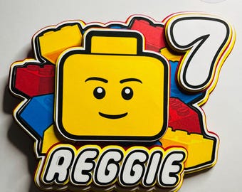 Personalised Building Block Cake Topper | Custom Name Age Brick Party Decoration
