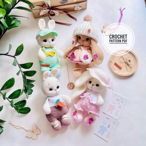 以下が含まれることがあります： 様々な衣装を着た、手作りの編みぐるみウサギ人形が4体。魚のついた緑色の服を着たウサギ、ピンクのドレスと帽子を着たウサギ、帽子とバッグを持ったウサギ、シャツとズボンを着たウサギがいます。「CROCHET PATTERN PDF」の文字が含まれています。