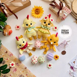 May include: A collection of handmade crochet Easter-themed toys. The image features four yellow chick toys with red crests, along with several decorative crochet eggs in pastel colors. The toys are arranged with a sunflower and small flower accents. The text "CROCHET PATTERN" is visible.
