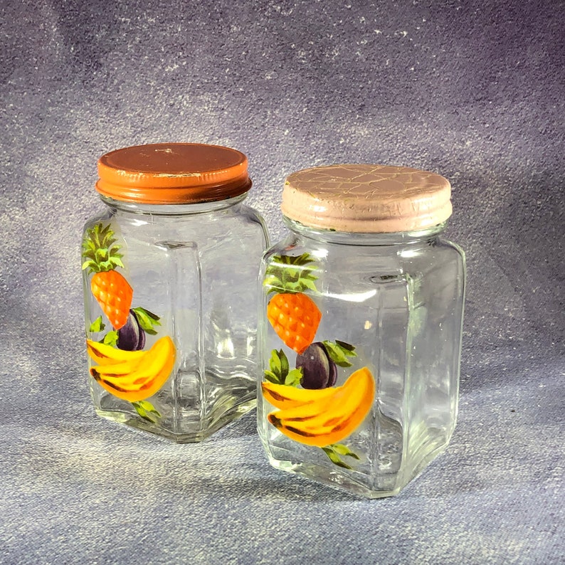 Two 1930s Vintage 4 Tall Glass Storage Jars With Original Fruit Decals And Lids