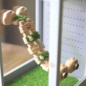 May include: A miniature terrarium with a decorative wooden bridge adorned with flowers, moss, and a small bee figurine. The terrarium has a green grass base and is enclosed in a white frame.
