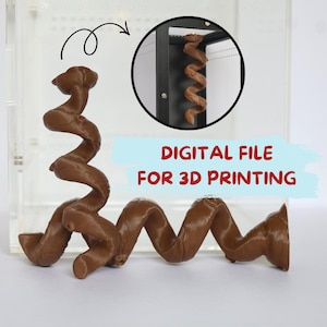 May include: A brown, twisted 3D-printed sculpture with a spiral design. The image includes a close-up view of the sculpture and a smaller inset image. Text on the image reads "DIGITAL FILE FOR 3D PRINTING".