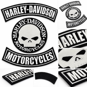 May include: A set of black and white embroidered patches featuring the Harley-Davidson logo. The collection includes a large circular skull emblem, a curved top rocker with the text Harley-Davidson, and a curved bottom rocker with the text Motorcycles.