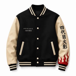May include: A black varsity jacket with beige sleeves, featuring a striped collar, cuffs, and hem. The chest displays the text HOKAGE and Japanese characters. The left sleeve features vertical Japanese text and a red flame graphic at the cuff.