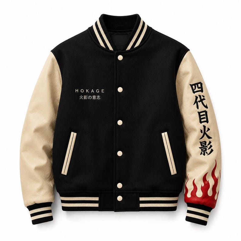 May include: A black varsity jacket with beige sleeves, featuring a striped collar, cuffs, and hem. The chest displays the text HOKAGE and Japanese characters. The left sleeve features vertical Japanese text and a red flame graphic at the cuff.