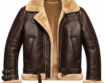 May include: A dark brown leather jacket featuring a thick beige shearling lining and a large fold-over collar. The jacket includes a front zipper closure, two side pockets, adjustable buckled straps at the waist, and buckled cuffs with zippers.
