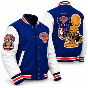 May include: A blue and white varsity jacket featuring New York Knicks branding. The front displays the team logo, while the back showcases a large graphic of a basketball trophy with the text Finals Champions and the NBA logo. The sleeves are white.