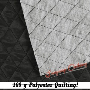 May include: A black quilted fabric with a diamond pattern and a white fibrous backing. The text Snapup Clothing is visible in red and white, and the text 100 g Polyester Quilting is printed in black at the bottom of the image.