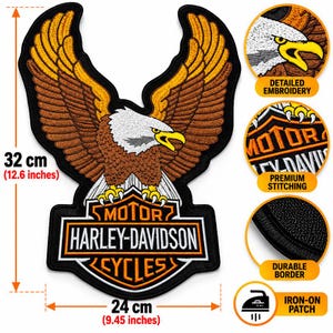 May include: A large embroidered iron-on patch featuring a bald eagle with brown and gold wings above a Harley-Davidson Motor Cycles logo. The patch measures 12.6 inches by 9.45 inches and includes circular insets showing detailed embroidery, premium stitching, and a durable border.
