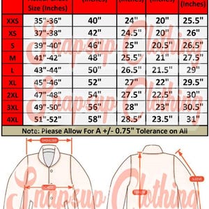 May include: A sizing chart for a jacket with a red header and white rows, displaying measurements in inches for sizes XXS to 4XL. Below the table, a line drawing shows the front and back of a jacket with arrows indicating chest, shoulder, sleeve, and length measurements.