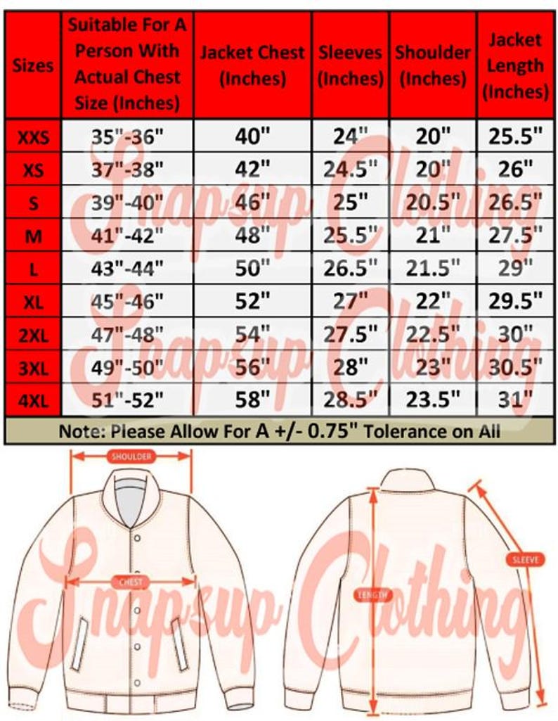 May include: A sizing chart for a jacket with a red header and white rows, displaying measurements in inches for sizes XXS to 4XL. Below the table, a line drawing shows the front and back of a jacket with arrows indicating chest, shoulder, sleeve, and length measurements.