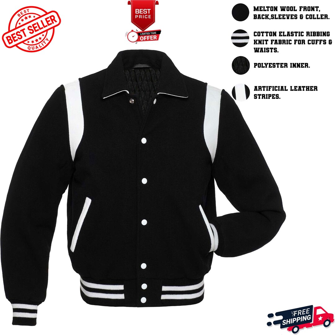 Men's Classic Black Wool & Artificial Leather Stripes Letterman