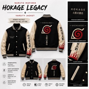 May include: A black and beige varsity jacket featuring Naruto-inspired embroidery. The front displays the text HOKAGE and Japanese characters. The back features a large red spiral emblem with Japanese text. The sleeves have red flame patterns at the cuffs.