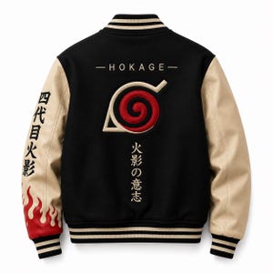 May include: A black varsity jacket with beige sleeves, featuring a red and beige spiral emblem on the back. The text HOKAGE is printed above the emblem, with Japanese characters below it and on the sleeve, which also displays a red flame design.