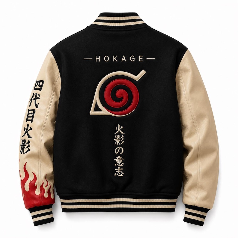 May include: A black varsity jacket with beige sleeves, featuring a red and beige spiral emblem on the back. The text HOKAGE is printed above the emblem, with Japanese characters below it and on the sleeve, which also displays a red flame design.